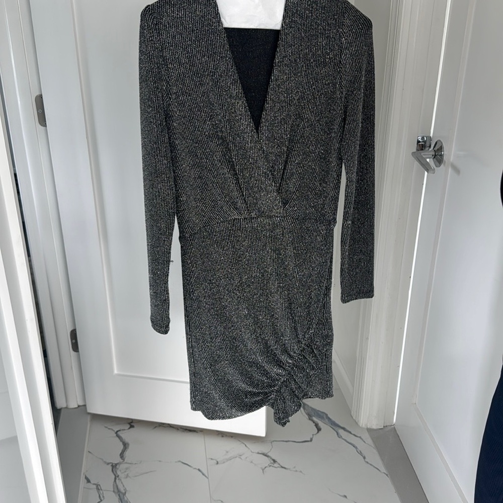 NWT IRO Noize Ruffle Wrap Metallic Silver Black Rib Knit Mini Party Dress (38)